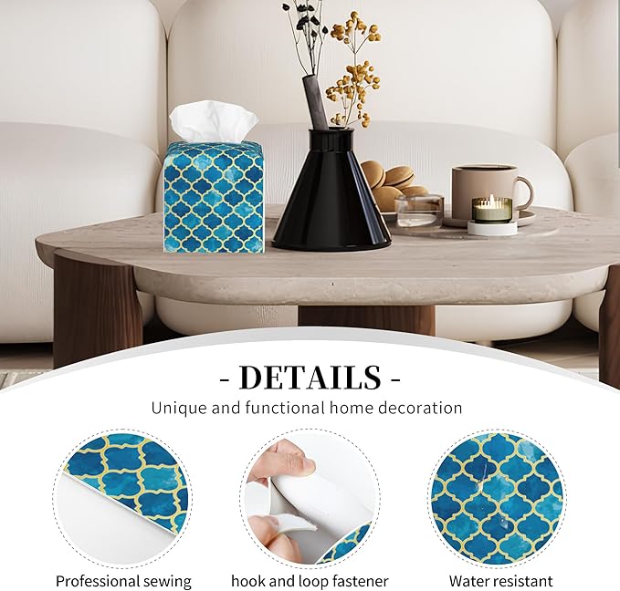 POIUBLE Tissue Box Holder Blue Moroccan Tile Tissue Box Cover Square Leather Tissue Holder Organizer Portable Decorative Facial Paper Case for Home Office Bathroom Vanity Countertop