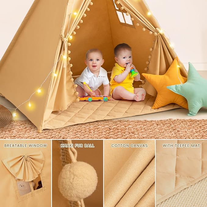 WIRHAO Teepee Tent for Kids with Mat, Cotton Canvas Kids Teepee with Pompom for Toddlers Indoor Play Tent for Girls Boys with Stars Lights, Carry Bag, Banner Flag (Khaki)