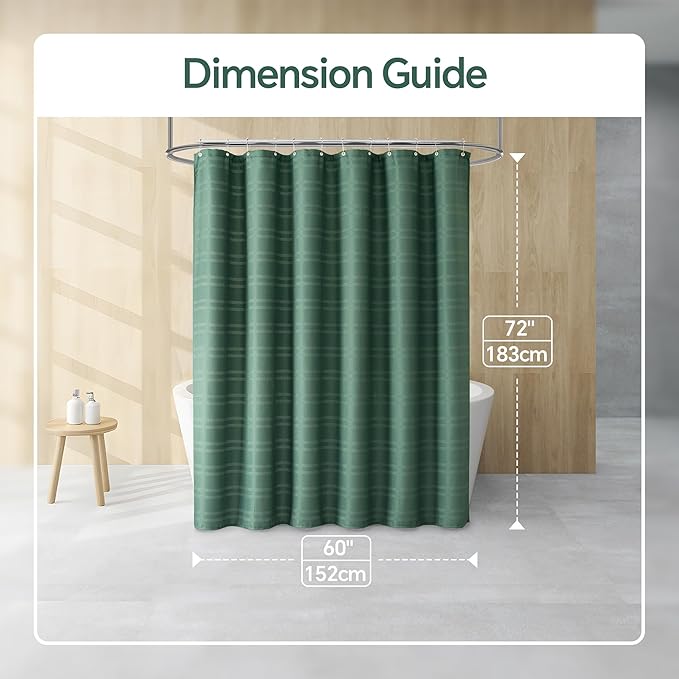 TURKIO 60 inch Wide Stall Narrow Dark Green Shower Curtain Waffle Weave Shower Curtain Striped Fabric Shower Curtains for Bathroom, Green Bathroom Decor, (60Wx72H, Dark Green)