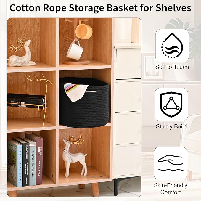 ICERZCZ Woven Cotton Rope Storage Basket for Organizing, Cute Decorative Baskets for Gifts Empty, Organizer Bins for Dog Toy, Baby Laundry, 15“×11”×9.5“, Black