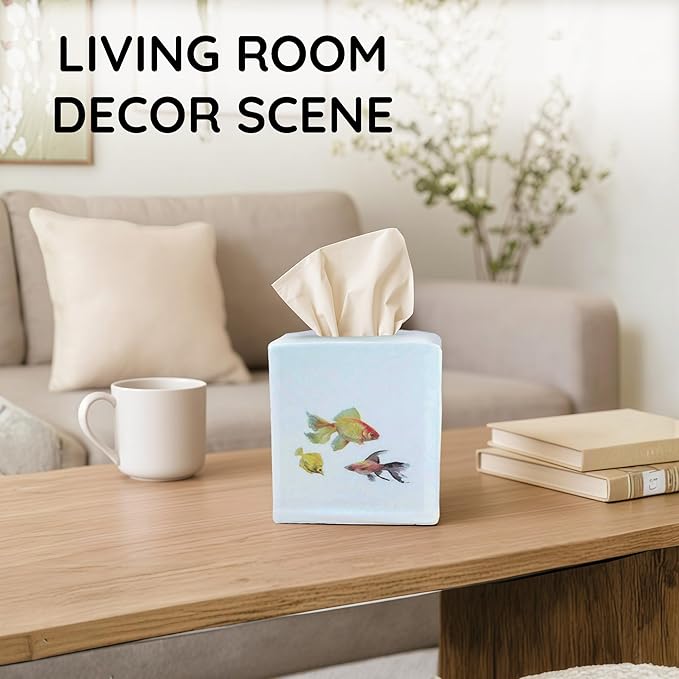 EmbroideryLinen.VN Tissue Box Cover Set of 2, Square Cotton Tissue Holder, Printed Animal Pattern, 4.5x4.5x5.5 Inches, Decorative Holder for Bathroom, Living Room, Office (Fish)