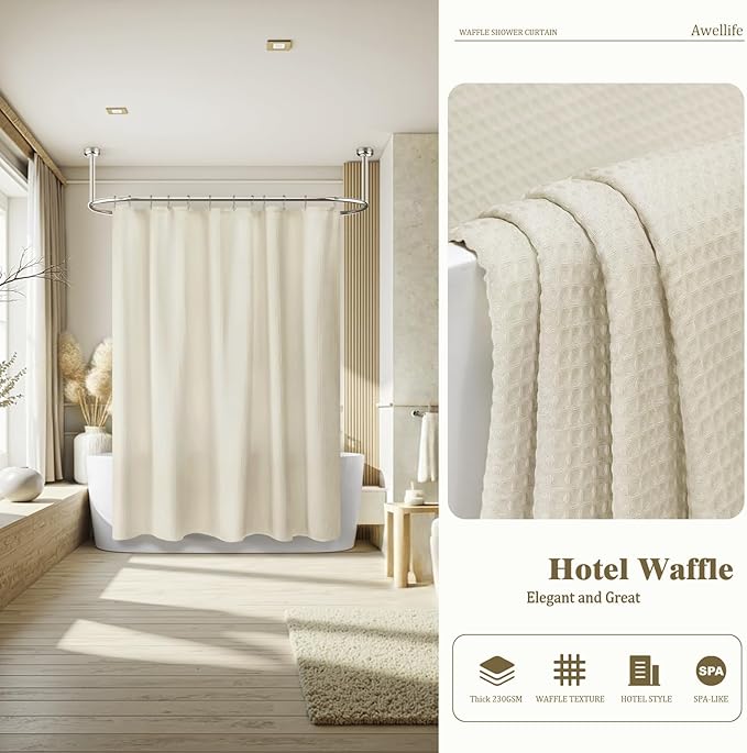 Awellife Waffle Hotel Textured Cream Shower Curtains for Bathroom 230 GSM Heavy Duty Fabric Liner, 72" W X 96" L Inch