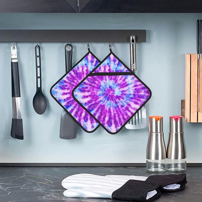 2-Pack Tie Dye Pot Holders for Kitchen Heat Resistant - Cute Quilted Potholders for Kitchens - Washable Potholder for Cooking & Baking & Microwave(Purple)