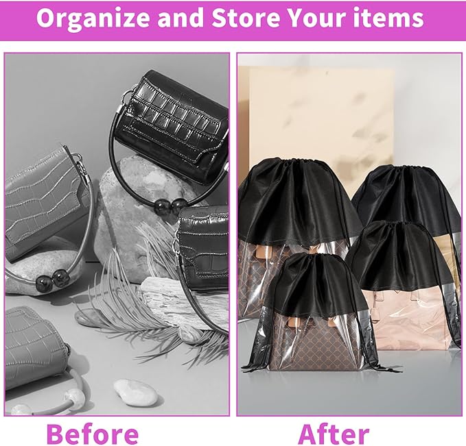 Bgtecho 12 Pcs Shoe Bags for Travel, Dust Bags for Handbags, Dustproof Drawstring Bags in 4 Size, Breathable Non Woven Fabric Storage Bag for Handbags Shoes Purses, Black