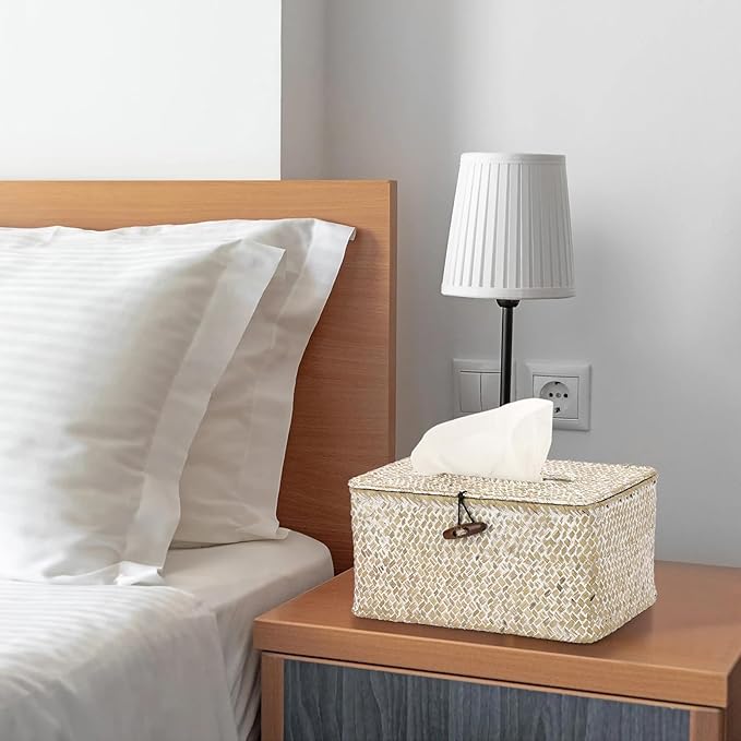 Sumnacon Tissue Box Cover-Large Rectangle Tissue Box Seagrass Tissue Box Holder Woven Tissue Holder Decorative Tissue Cover for Bathroom Tissue Box Cover Rectangular for Home Office Table Whitewash