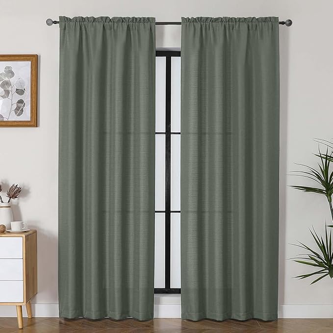 Lecloud Bessie Olive Green Curtains 84 Inches Long 2 Panels, Airy Privacy Light Filtering Curtain Drapes, Faux Linen Textured Rod Pocket Curtains for Bedroom Living Room Dining Room, Each 40 W x 84 L