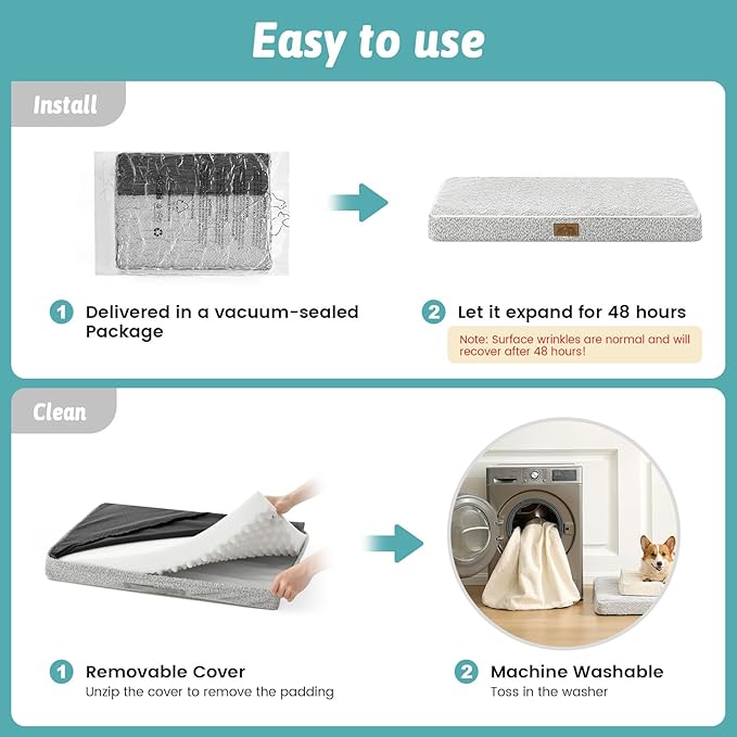 COZY KISS Dog Crate Bed for Large Size Dogs, Rectangular Orthopedic Dog Beds, Foam Anti-Slip Bottom Pet Mat with Washable Removable Cover, Suitable for Pet Up to 75 lbs, 36x27x3 inch, Grey