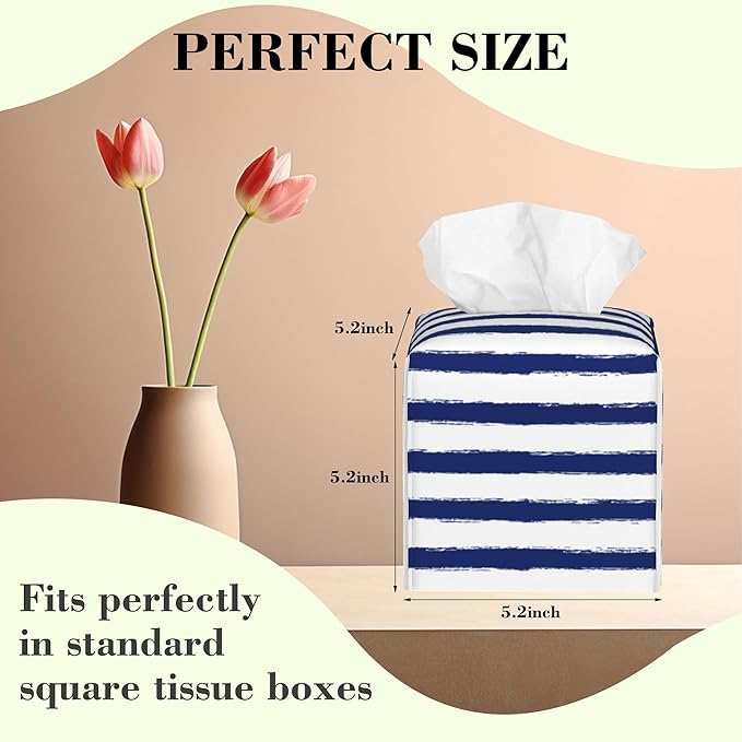 Navy Blue Stripes Tissue Box Cover,Color Horizontal Striped Waterproof Leather Square Tissue Box Cover Case Facial Paper Organizer Dispenser Box Holder for Home Office Bathroom Vanity Countertop