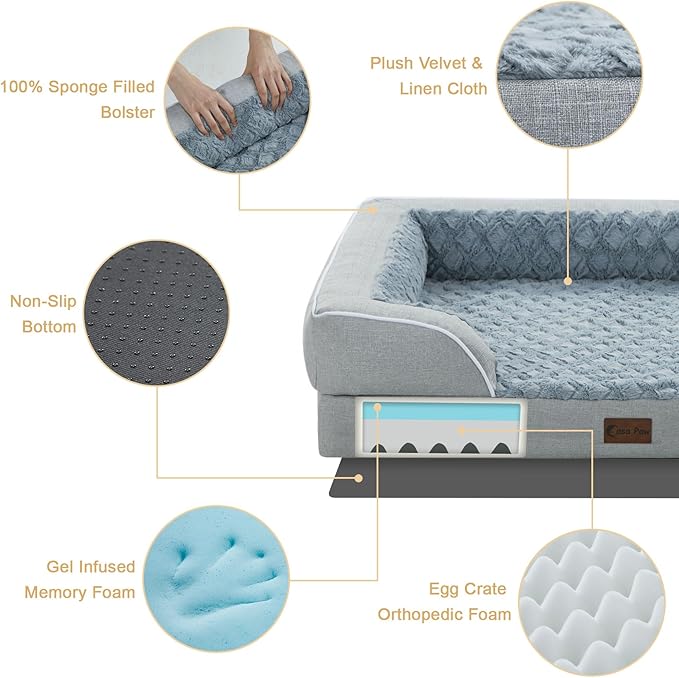 Casa Paw Orthopedic XXL Dog Beds, Waterproof Memory Foam Big Pet Bed for Extra Large Sized Dogs 53x42Inch, Non-Slip Bottom and Egg-Crate Foam Dog Couch Bed with Washable Removable Cover, Light Grey