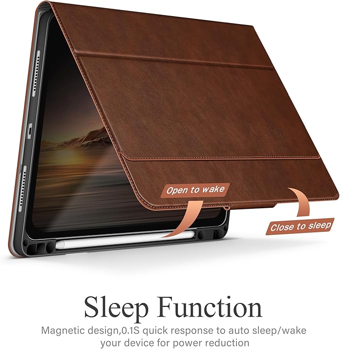 auaua Case for iPad Air 11 Inch M3/M2 (2025/2024), iPad Air 5th/4th Generation (2022/2020), with Pencil Holder and Pocket, Typing Angle Muti-Stand Magnetic Closure Auto Sleep/Wake (Brown)