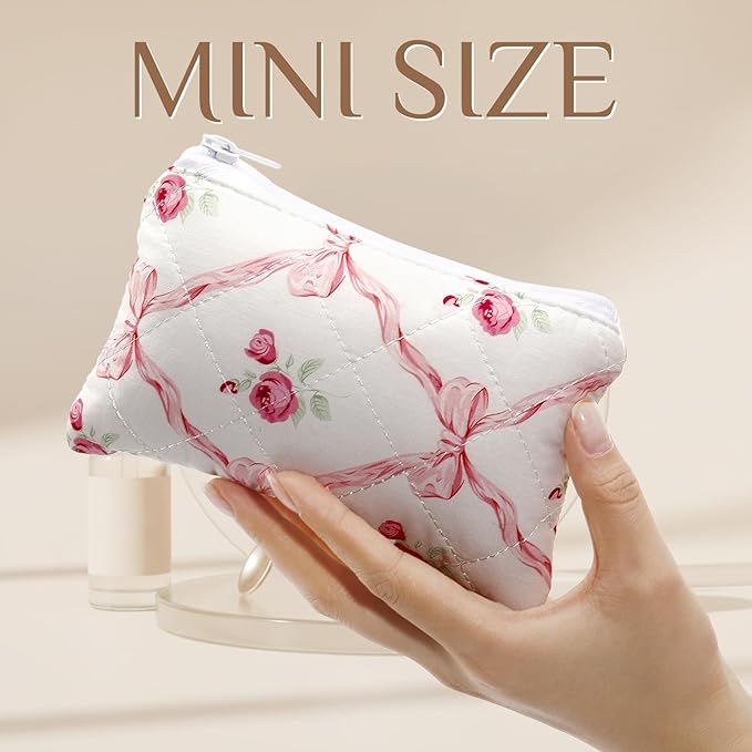 Paterr 10 Pcs Quilted Makeup Bag Bulk Cotton Floral Cosmetic Bag Women Girls Bridesmaid Gifts Cute Makeup Pouch Coquette Aesthetic Travel Toiletry Organizer(Bow Floral,6.30 x 3.94 Inches)