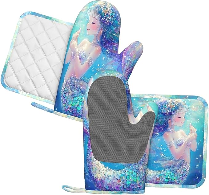 Oven Mitts Pot Holders Set Mermaid Childish Blue Sea Silicone Kitchen Gloves Potholders Heat Resistant for Chef Baking Cooking Grilling BBQ 4 Pack Mitt