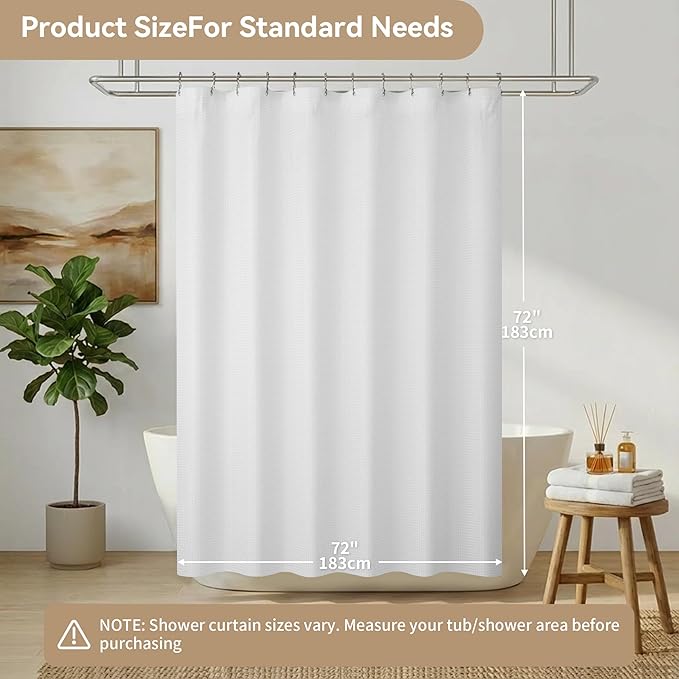 Lameirose White Shower Curtain and Liner, 3 in 1 Waffle Shower Curtain Set with 12 Double Sided Shower Curtain Hooks, Fabric Shower Curtains for Bathroom 72 x 72