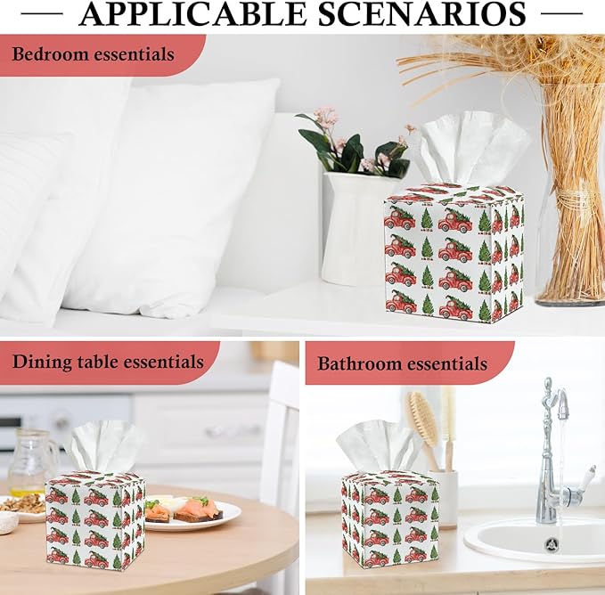 Red Car and Trees Tissue Box Cover, Christmas Leather Tissue Holders Decorative for Home Office Kitchen Bathroom Organizer, Square Facial Paper Organizer Christmas Table Decor -035