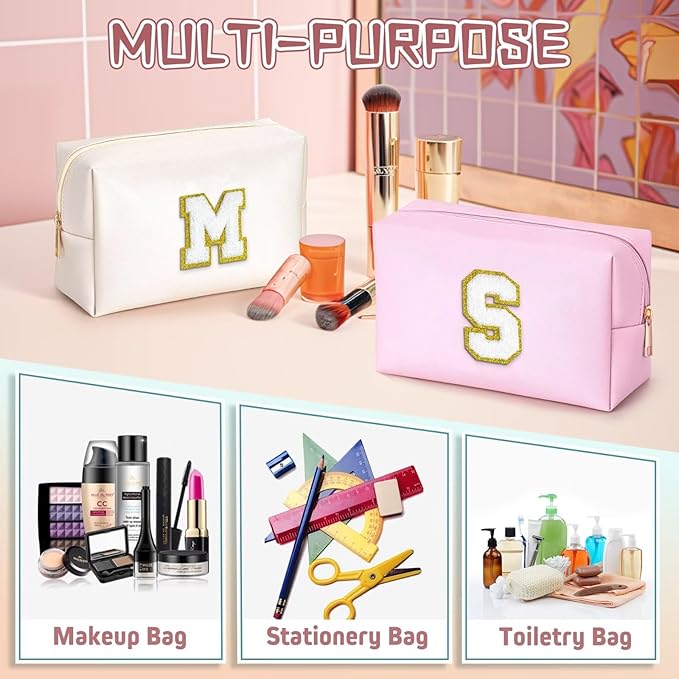TOPEAST Preppy Stuff for Girls, Initial Makeup Bag Chenille Letter Pouch Cosmetic Bag with Zipper, PU Leather Waterproof Toiletry Bag, Cute Stuff Birthday Gift for Friends Sister (White T)