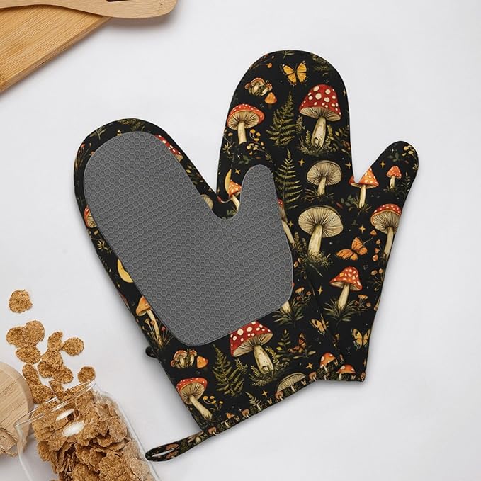 Heat Resistant Oven Mitts 2 Pack, 500°F Silicone Oven Gloves with Non-Slip Grip, Soft Quilted Cotton Lining for Baking, Grilling, BBQ, Cooking (Mushrooms Butterflies)