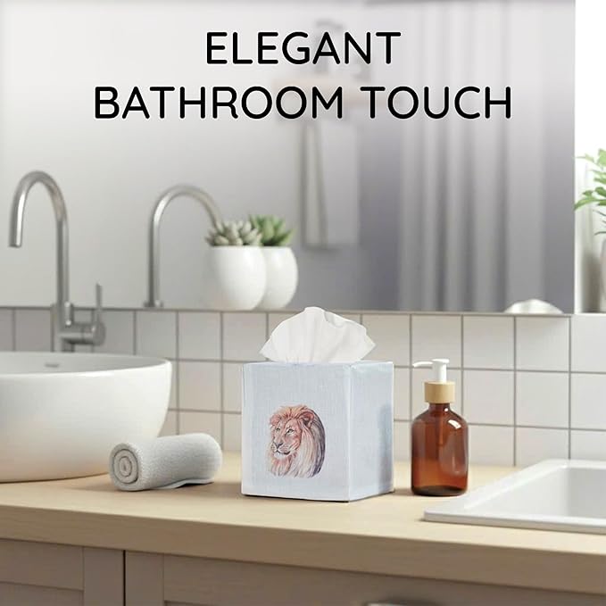 EmbroideryLinen.VN Tissue Box Cover Set of 2, Square Linen Tissue Holder, Printed Animal Pattern, 4.5x4.5x5.5 Inches, Decorative Holder for Bathroom, Living Room, Office (Lion)