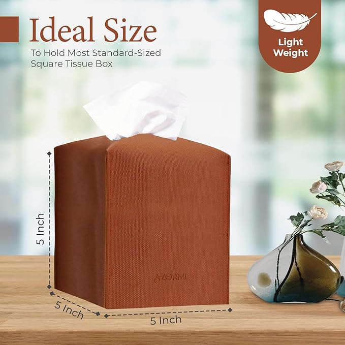 Tissue Box Cover, PU Leather Tissue Box Holder with Bottom Belt, Modern Square Tissue Box Covers with Wide Opening (Brown, Woven Patterns)