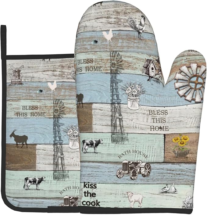 Farm Animal Oven Gloves and Pot Holders Rustic Barn Teal Green Brown Heat Resistant Kitchen Oven Gloves Hot Pan Pads 2 Piece Farmhouse Kitchen Mitts Pan Mat for Cooking Grilling Baking