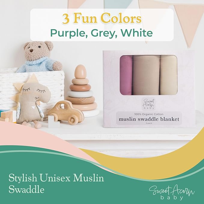 Sweet Acorn Muslin Swaddle Blanket – Soft Cotton Muslin Baby Blanket for Newborns, Infants, and Toddlers, All-Season Comfort Baby Essential - Purple, Grey, White