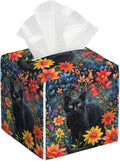 Colorful Florals Black Cat Tissue Box Cover Flower Daisy Square Leather Tissue Holder Decorative Facial Tissue Cube Paper Cover Case Organizer for Bathroom Night Stands Desk Tabletop Living Room Home