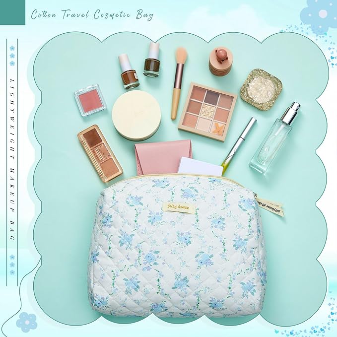 Zeyune 3 Pcs Makeup Bag Quilted Cosmetic Bags Large Floral Makeup Bag Set for Women Cotton Flower Travel Toiletry Storage Cute with Zipper for Women Mom Birthday Gift Home Bathroom(Peony)
