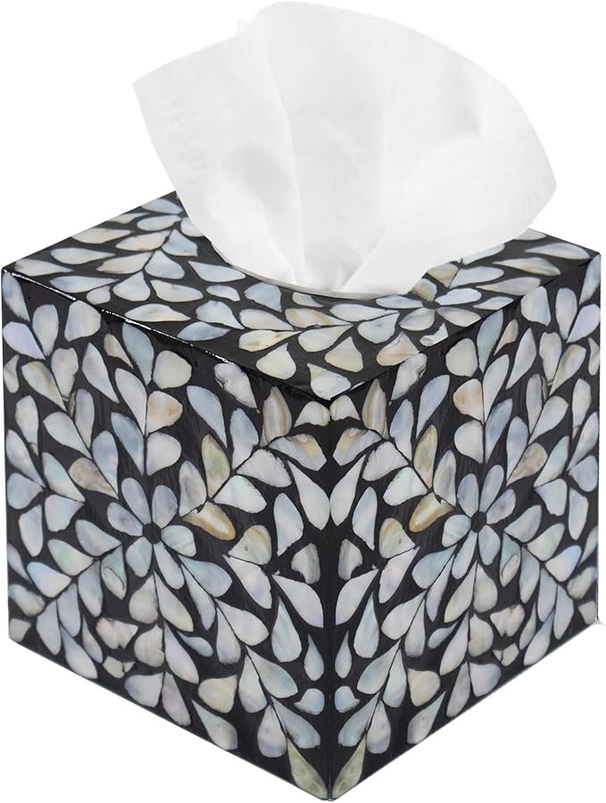 PEMAR Handcrafted Wooden Tissue Box Cover for Small Cube Tissue Boxes Only (Max Inner Size 4.7”) – Mother of Pearl Inlay Decorative Tissue Holder for Bathroom, Living Room & Office (White Vines)