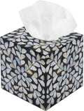 PEMAR Handcrafted Wooden Tissue Box Cover for Small Cube Tissue Boxes Only (Max Inner Size 4.7”) – Mother of Pearl Inlay Decorative Tissue Holder for Bathroom, Living Room & Office (White Vines)
