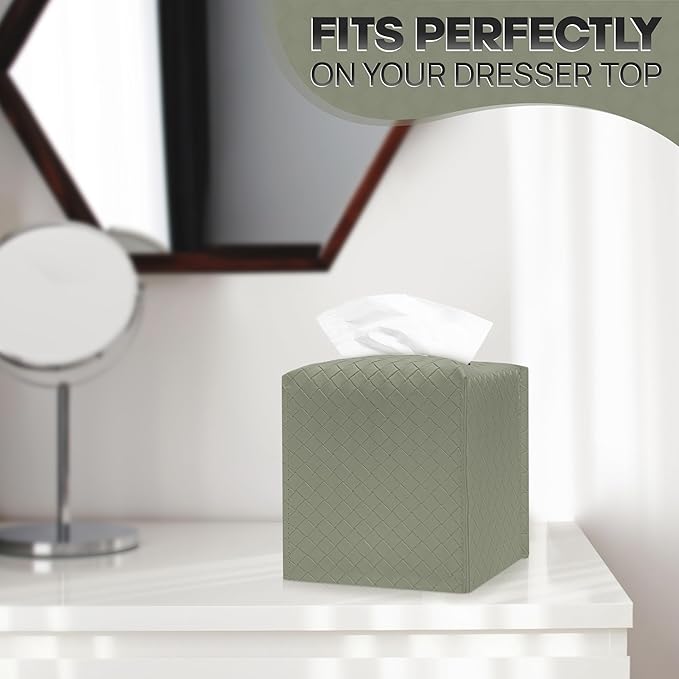 Tissue Box Cover Holder, PU Leather Tissue Box Cover with Braided Pattern, Square Tissue Holder with Bottom Belt, Modern Organizer for Bathroom, Car, Office,(Rock Gray Green, 12 Braided Patterns)
