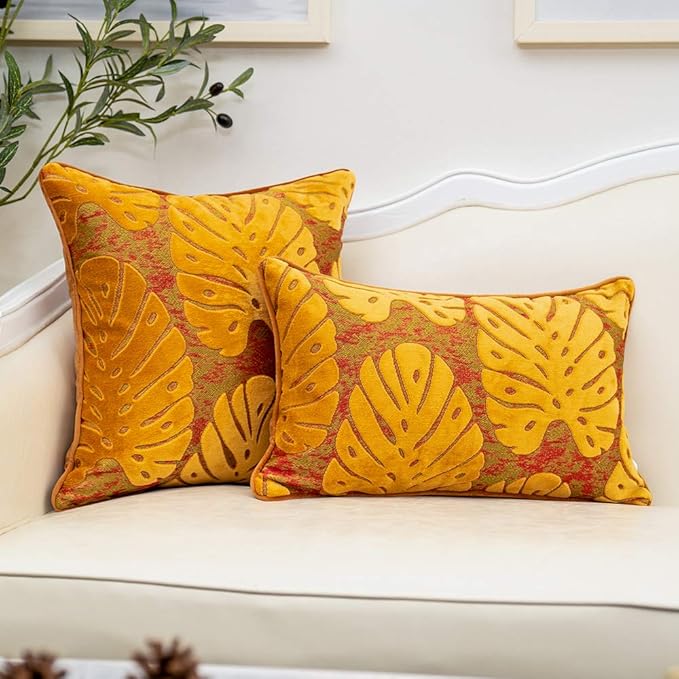 Alerfa 20 x 20 Inch Square Leaf Pillow Embroidery Cut Velvet Cushion Case Luxury Modern Lumbar Throw Pillow Cover Decorative Pillow for Couch Sofa Living Room Bedroom Car, Orange