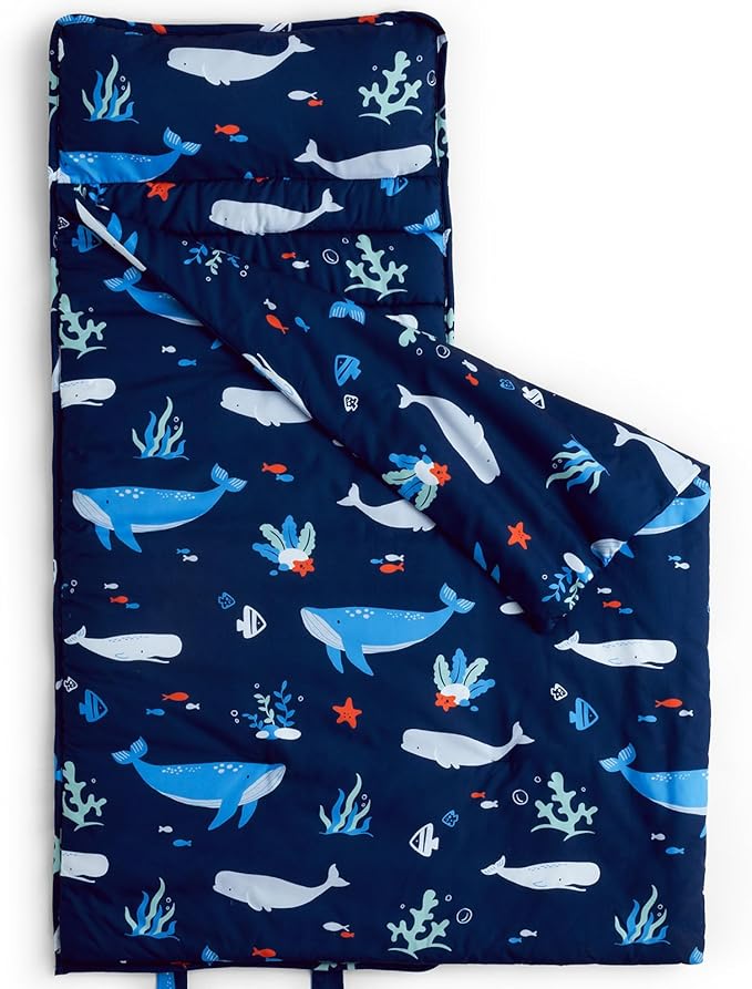 david's kids Toddler Nap Mat Set with Removable Pillow, Ultra Soft Slumber Bags for Boys，Perfect for Preschool, Daycare, Kids Sleeping Bags with Rollup Design, 50"x20", Ocean Animals Dark Blue