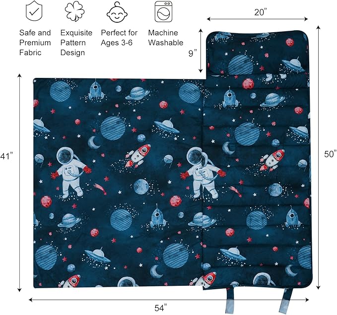 david's kids Toddler Nap Mat Set with Removable Pillow, Ultra Soft Slumber Bags for Boys，Perfect for Preschool, Daycare, Kids Sleeping Bags with Rollup Design, 50"x20", Space