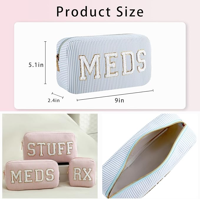uekeboag Seersucker Chenille Letter Stuff Meds RX Makeup Bag, Travel Washable Purse Organizer with Zipper, Lightweight Toiletry Cute Personalized Preppy Cosmetic Bag For Women and Girls(03Blue Meds)