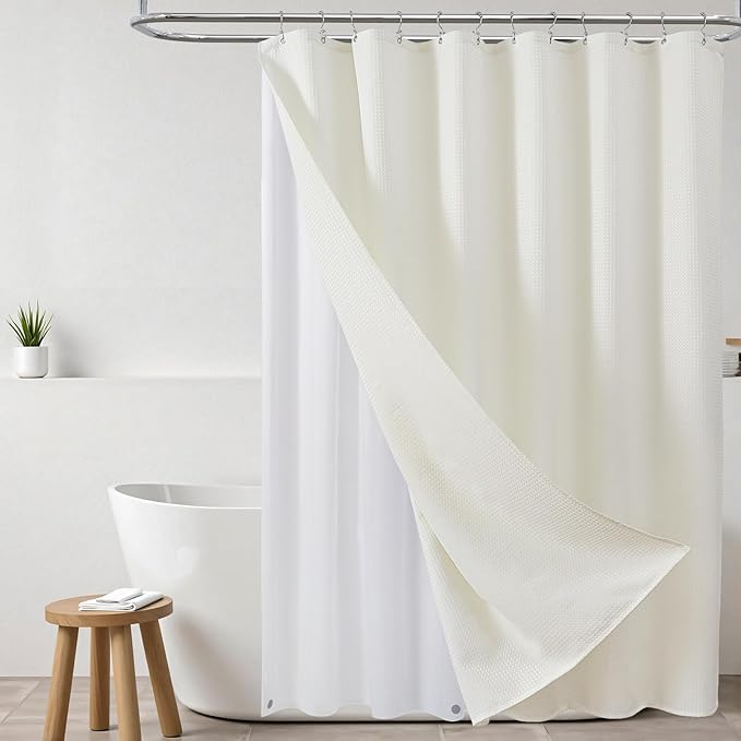 ROLIZOE 3-in-1 Waffle Texture Shower Curtain Set with TPU-Coated Waterproof Liner and 12 Upgraded Double-Sided Hooks, Well-Matched Sizes for a Seamless Fit – Beige, 72" x 72"