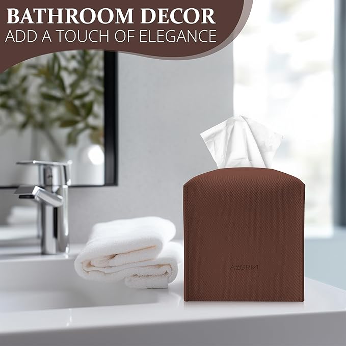 Tissue Box Cover, PU Leather Tissue Box Holder with Bottom Belt, Modern Square Tissue Box Covers with Wide Opening (Brown, Woven Patterns)