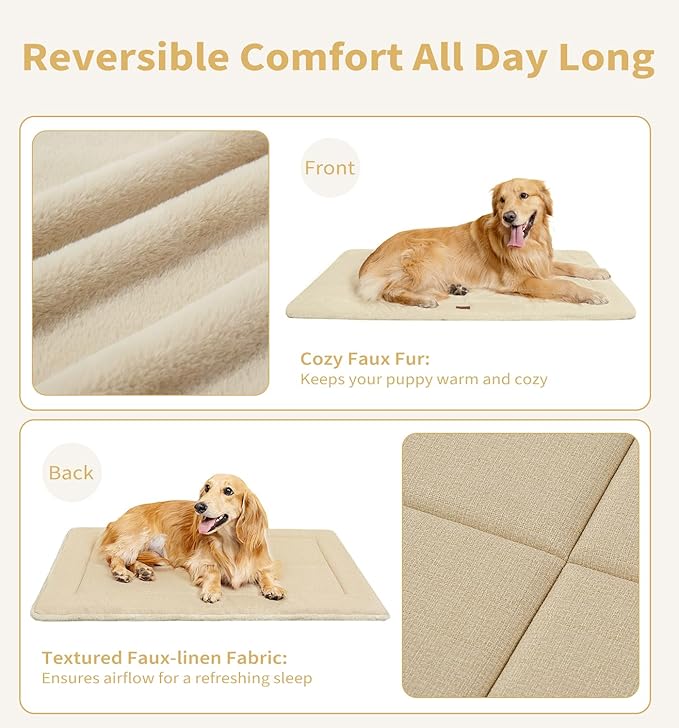 Made4Pets Dog Crate Pad Bed for Small Dogs, Washable & Reversible, Anti-Slip Kennel Mat for Cozy Sleeping, Soft Fluffy Dog Bed for Indoor & Outdoor Use, 24"x18", Beige