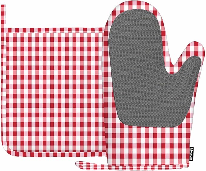 Mxocom Gingham Red White Checked Tartan Heat-Resistant Oven Mitts and Pot Holder Abstract Lattice Criss-Crossed Kitchen Non-Slip Cooking Microwave Gloves for Cooking Baking Grilling