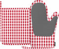 Mxocom Gingham Red White Checked Tartan Heat-Resistant Oven Mitts and Pot Holder Abstract Lattice Criss-Crossed Kitchen Non-Slip Cooking Microwave Gloves for Cooking Baking Grilling