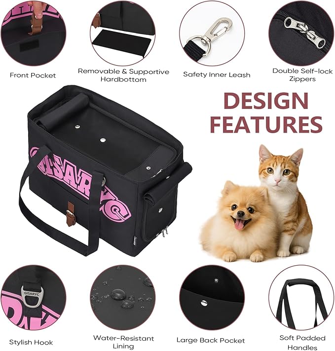 Dog Purse Carrier for Small Dogs, Cats and Puppies – Soft-Sided Foldable Pet Travel Bag with Multi Pockets, 3-Sided Mesh & Rollable Cover for Nervous Cats, Fits Pets up to 15 lbs (Black & Pink)