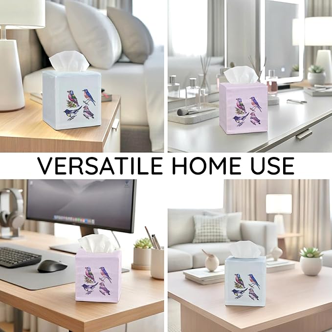 EmbroideryLinen.VN Tissue Box Cover Set of 2, Square Linen Tissue Holder, Printed Animal Pattern, 4.5x4.5x5.5 Inches, Decorative Holder for Bathroom, Living Room, Office (Four Birds)