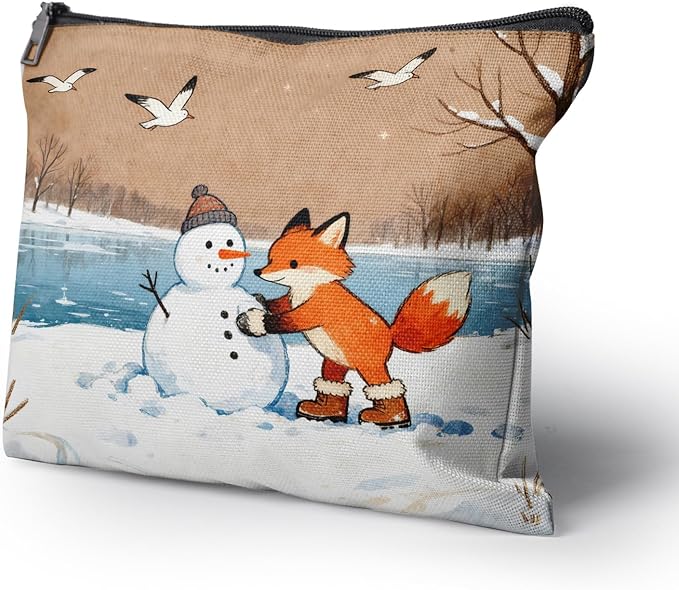 Cafl Fox Making Snowman Makeup Bag Travel Large Winter Cosmetic Bag Organizer toiletry Essentials Jewelry Zipper Bag Gift For Women -10×8 inch