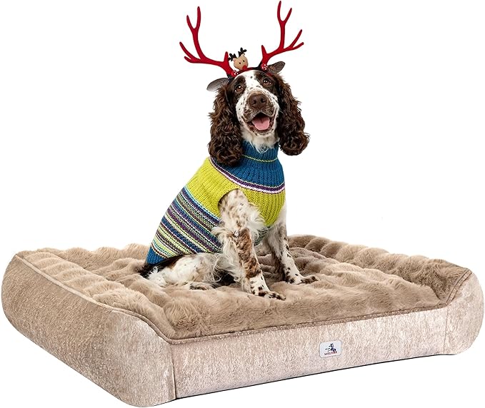 Welfibr Fluffy Faux Fur XL Dog Bed Large Sized Dog Washable Rasied Dog Bed Orthopedic Dog Beds with Sides Noiseless Supportive Dog Couch Anti-Slip Comfort Pet Beds with Removable Cover Brown 48"