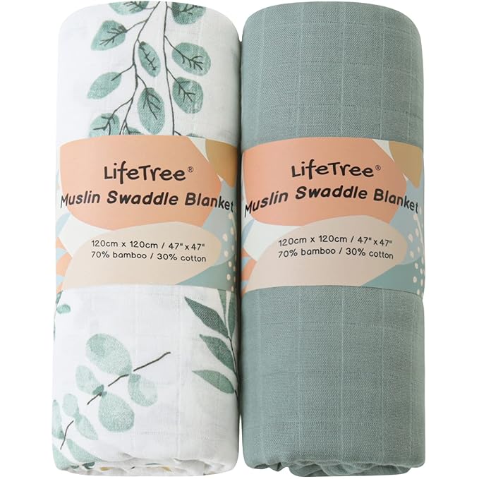 LifeTree Muslin Swaddle Blankets, 2 Pack Baby Swaddling Receiving Blanket for Boys & Girls, 70% Viscose from Bamboo & 30% Cotton, Large 47" X 47" Eucalyptus Leaves/Sage