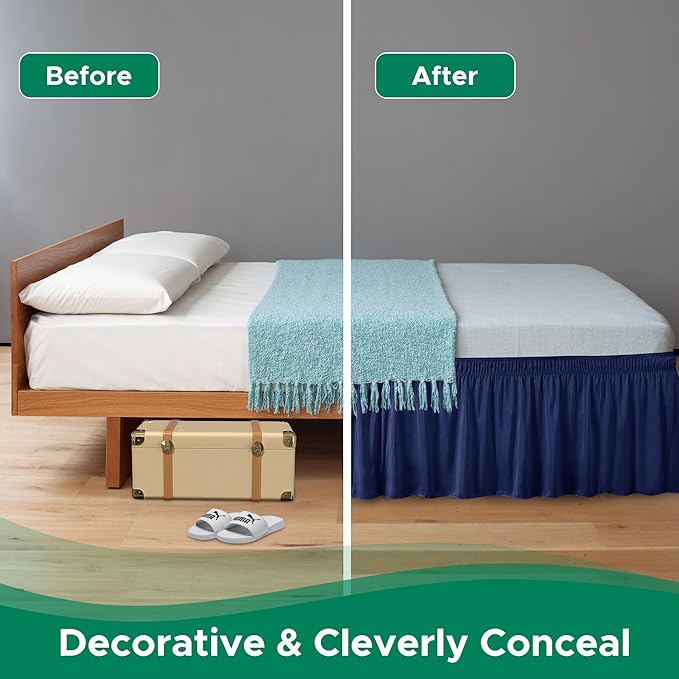 Biscaynebay Wrap Around Bed Skirts for King & Cal King Beds 19" Long Drop, Navy Adjustable Elastic Dust Ruffles Easy Fit Wrinkle & Fade Resistant Silky Luxurious Fabric Solid Machine Washable