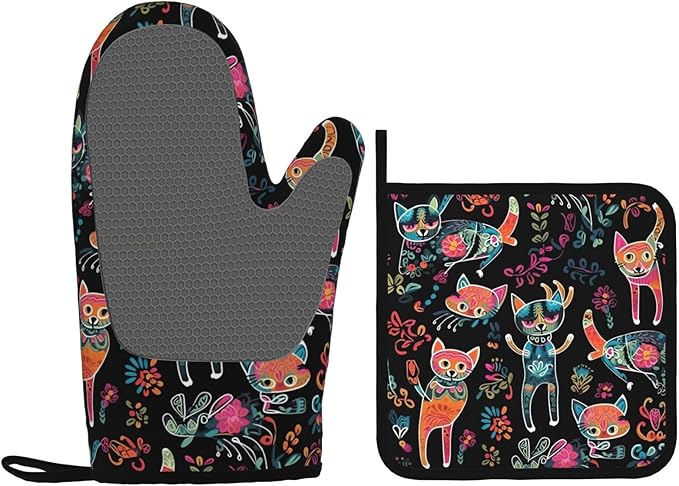 Oven Mitts and Potholders Cartoon Cat Silicone Glove Heat Resistant, Kitchen Gloves for Cooking, 2-Piece Set