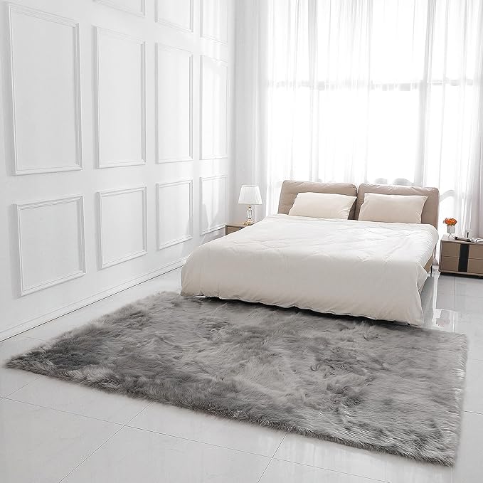 Faux Fur Rug Sheepskin Shag Fluffy Fuzzy 6x9 ft Grey Rugs for Bedroom Bedside Bed Floor Living Room Plush Rectangle High-Density Cushion Carpet Super Sofa Cover