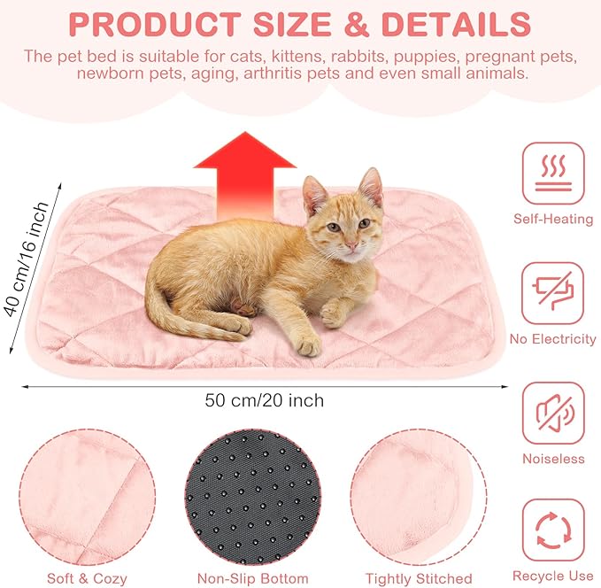 Clysee 2 Pack Self Heating Cat Mat Self Warming Pet Pads Washable Kennel Mat Dog Crate Pad Reflects Body Heat Non Skid Cat Thermal Pads for Puppy Indoor Outdoor(Pink,16 x 20 Inches)