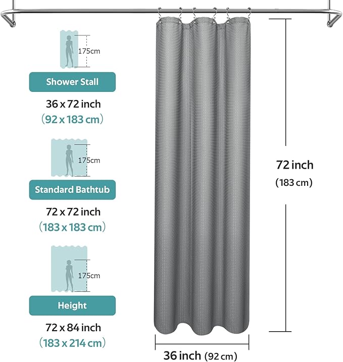 Vipfree 3 in 1 Shower Curtain Set, Waffle Shower Curtain and Liner Set with 6 Double Sided Shower Curtain Hooks, 258GSM Luxury Weighted Cloth Shower Curtains for Bathroom, 36 W x 72 H, Grey