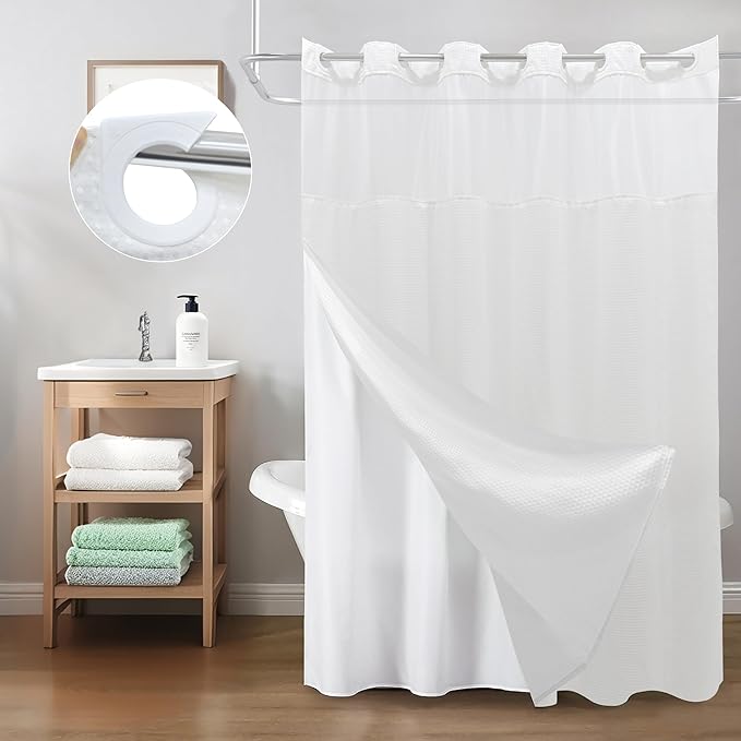Inhousolu Stall No Hook Shower Curtain with Snap in Fabric Liner Set Waffle Weave 230GSM Weighted Hem, Waterproof & Washable Bathroom Curtain Spa Luxury with Mesh Top Window 36" W x 72" L White