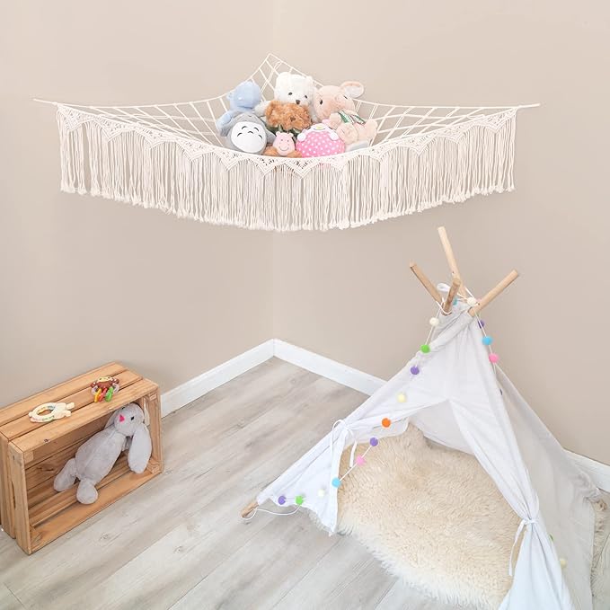 Mkono Stuffed Animal Hammock Corner Macrame Toy Storage Organizer with Lights and Tassels Boho Hanging Stuff Animals Net Large Capability Toys Display Holder for Nursery Kid Room Playroom, 1 piece